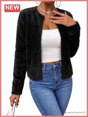 Wool Blend Faux Fur Open Front Cardigan Coat Fall Winter Sweater